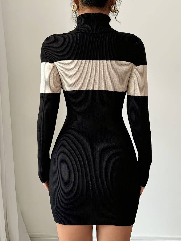 High Collar Color-Blocking Striped Hip-Hugging Dress