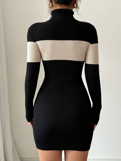 High Collar Color-Blocking Striped Hip-Hugging Dress