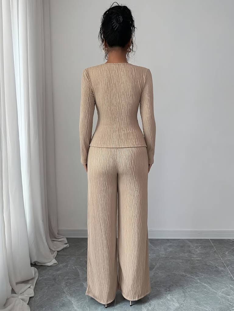 Metallic Decor Long Sleeve Top And Long Pants Set