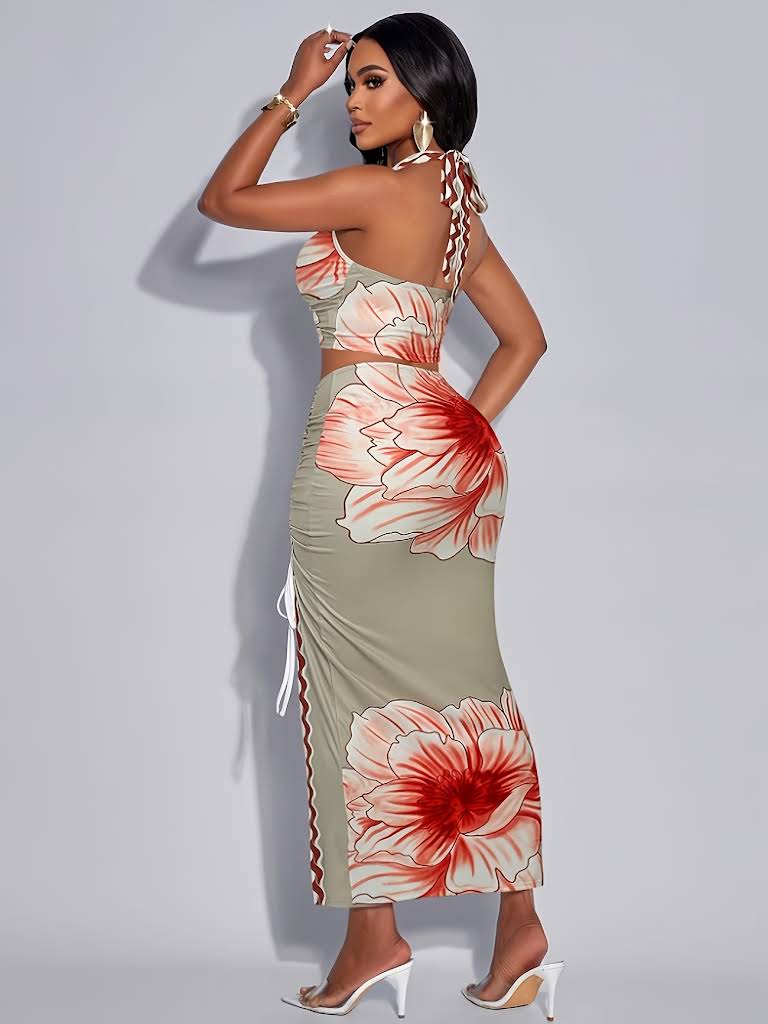 Tropical Print Pleated Hollow Slim Fit