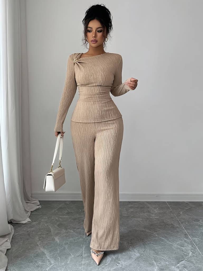 Metallic Decor Long Sleeve Top And Long Pants Set