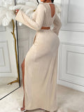 Long-sleeve Dress with Waist Cut-out and High Slit